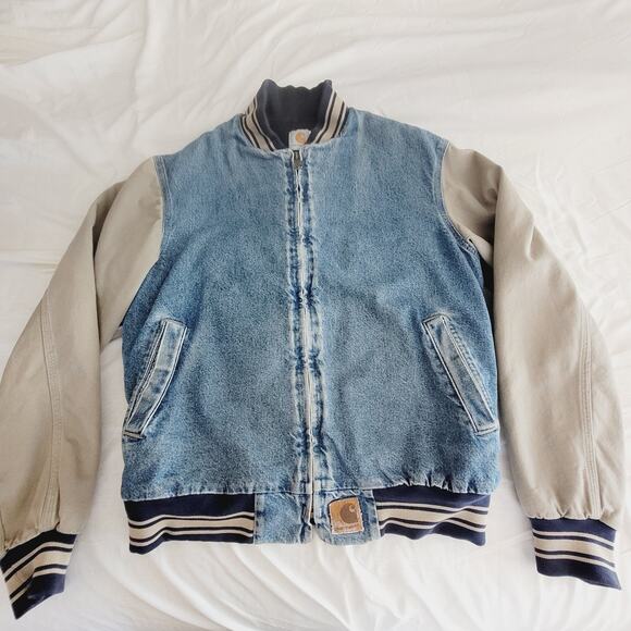 Carhartt Other - Vtg Carhartt Jacket Mens L Blue Denim Varsity Detroit Collegiate Bomber USA Made